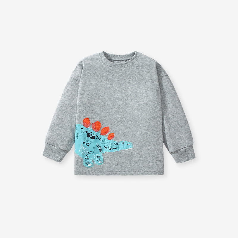 Arrival Autumn Kids’ Dinosaur Cartoon Pattern Appliqué Embroidery Long Sleeves T-Shirt In European And American Style For Summer-1
