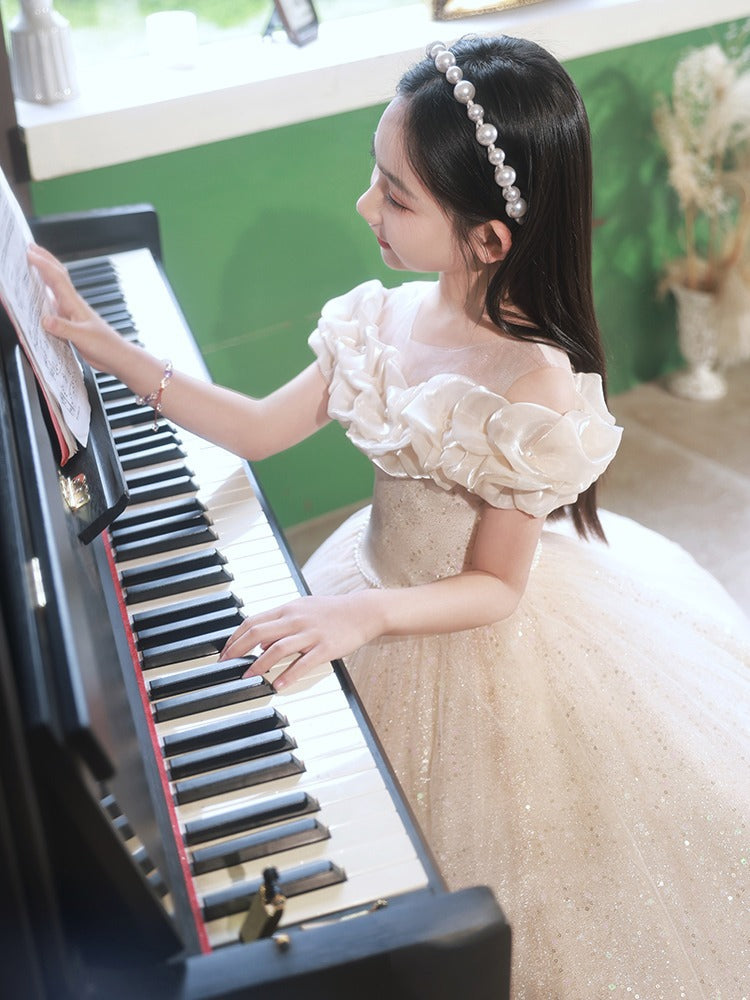 Champagne Tulle Hostess One-Shoulder Evening Gown For Girls: Perfect Attire For Piano Performances-4