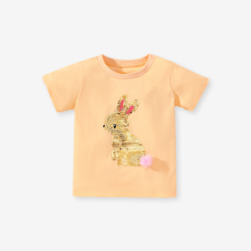 Cute Knit Round Neck Shimmer Girls’ T-Shirt In European And American Style For Summer