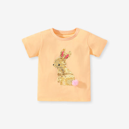 Cute Knit Round Neck Shimmer Girls’ T-Shirt In European And American Style For Summer