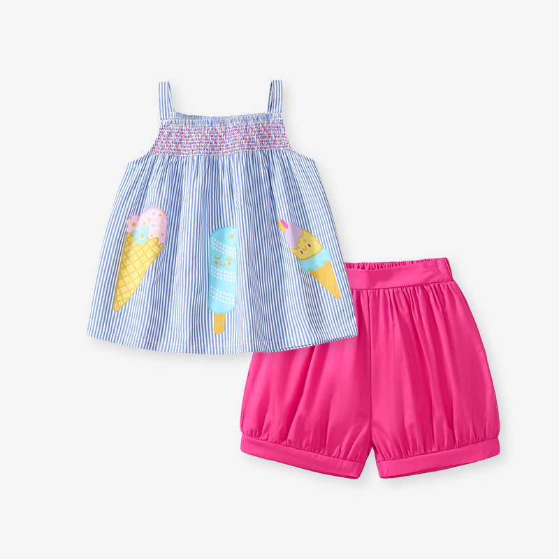 Summer Baby Kids Girls Top Striped Vest And Solid Color Shorts 2-Piece Clothing Set