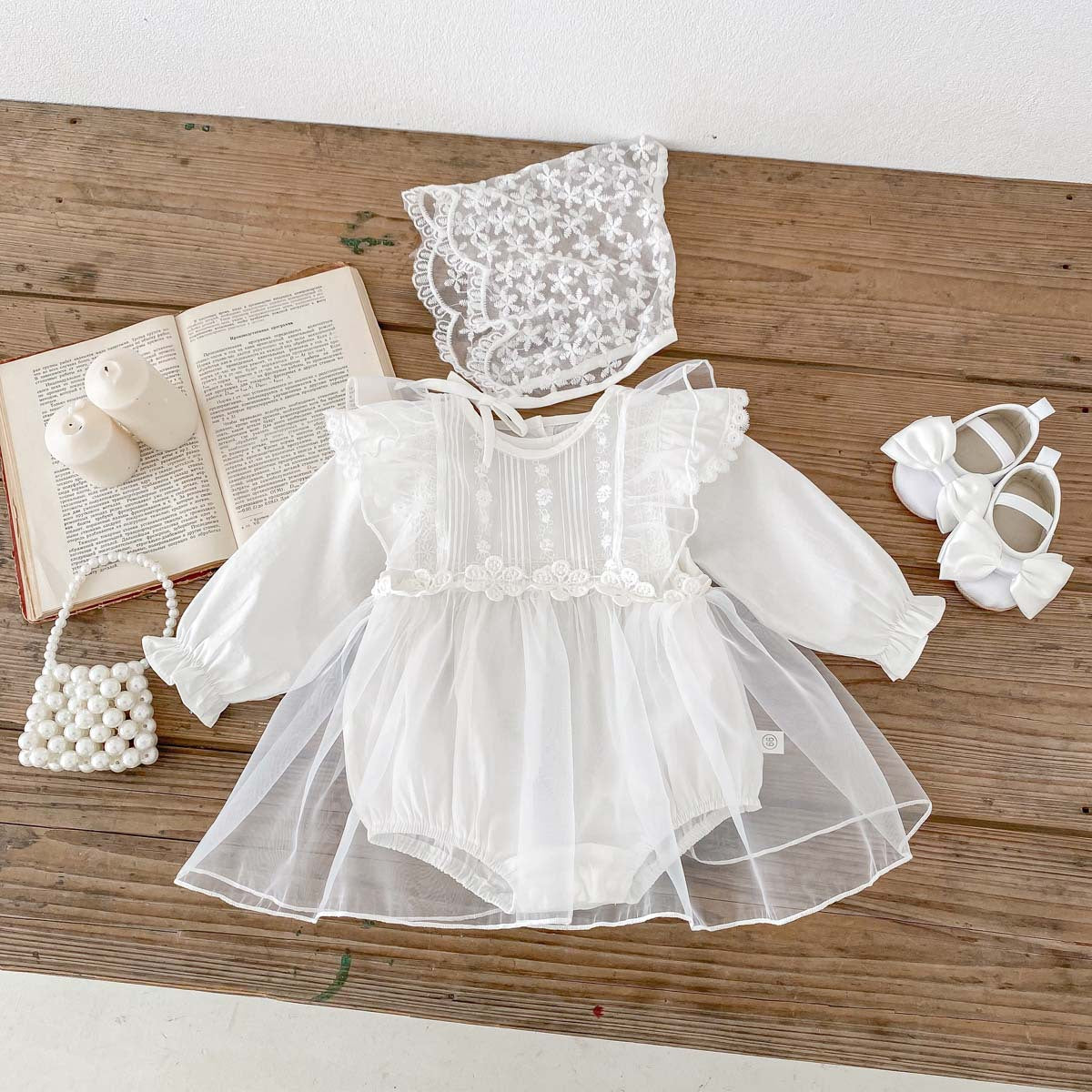 Spring Baby White Embroidery Lace Mesh Princess Onesie Dress For Girls