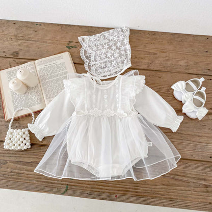 Spring Baby White Embroidery Lace Mesh Princess Onesie Dress For Girls