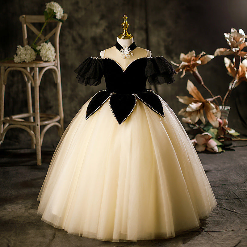 Princess Black Hostess Dress For Girls: Luxurious One-Shoulder Piano Performance Attire