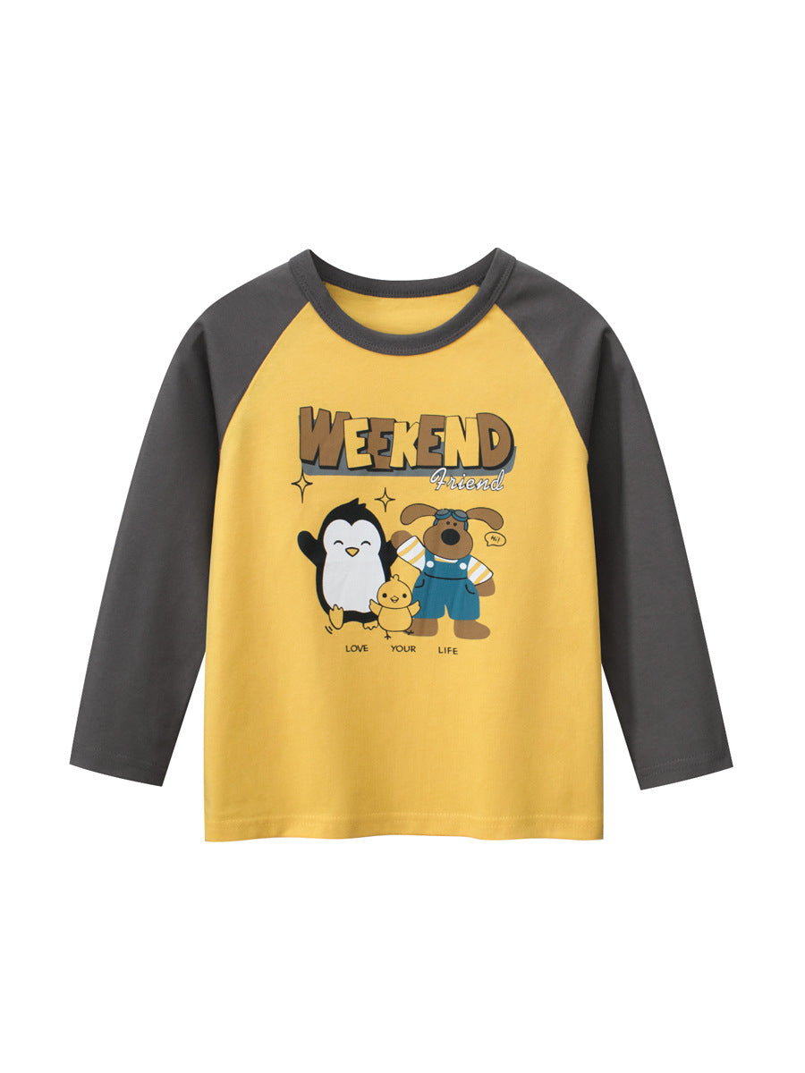 Autumn Baby Boys Cartoon Animals Friend Print Color Patchwork Long Sleeves Crew Neck Base Top Shirt