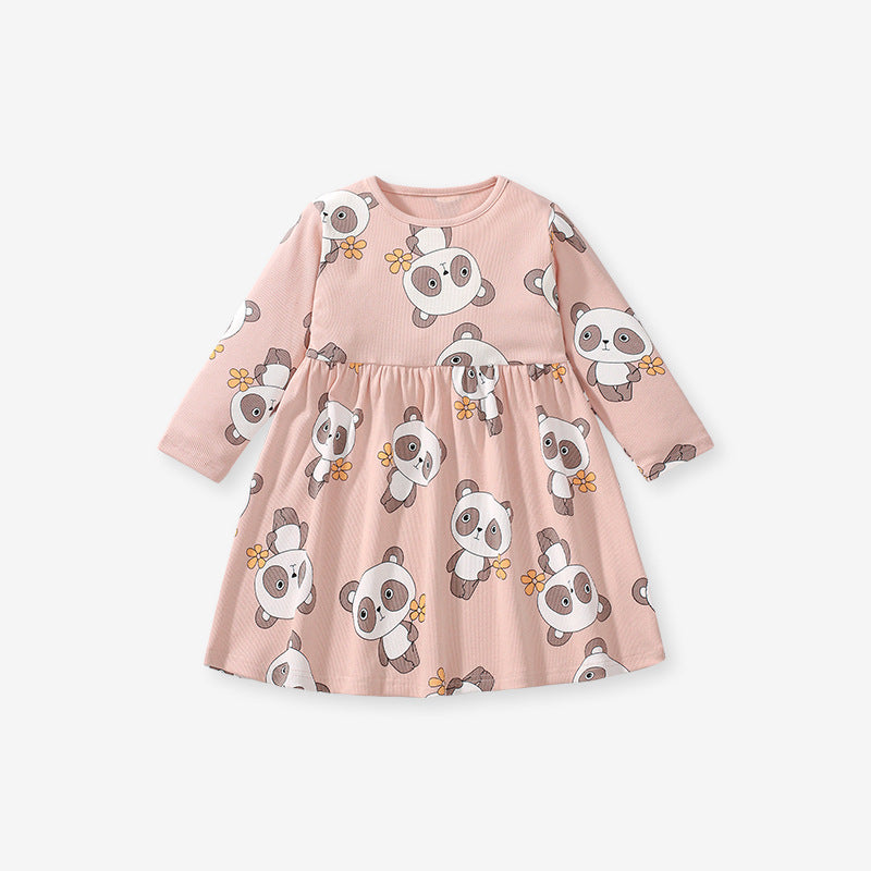 Arrival Autumn Girls Long Sleeves Cartoon Panda Pattern Crew Neck Dress