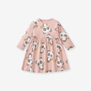 Arrival Autumn Girls Long Sleeves Cartoon Panda Pattern Crew Neck Dress