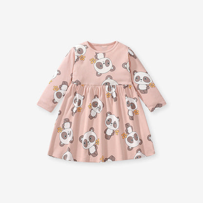 Arrival Autumn Girls Long Sleeves Cartoon Panda Pattern Crew Neck Dress