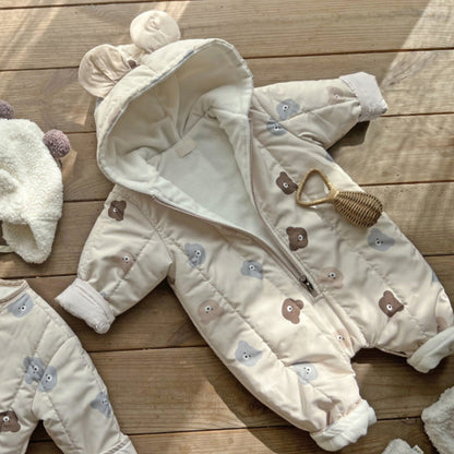 Winter Baby Unisex Little Bear Head Thicken Long Sleeve Jumpsuit