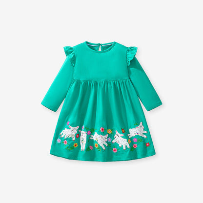 Best Selling Autumn Girls Long Sleeves Cartoon Flowers And Lamb Pattern Crew Neck Dress-0