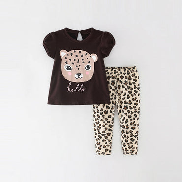 Summer Baby Kids Girls Leopard Cartoon Print T-Shirt And Pants Clothing Set-1