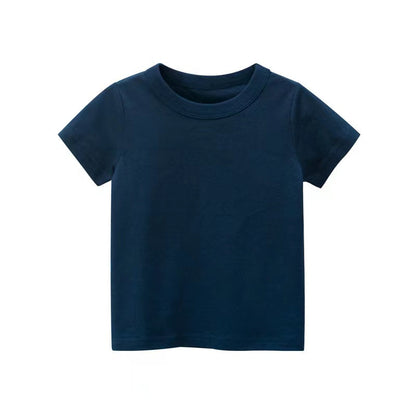 Baby Kids No Pattern Solid Color Short-Sleeved Tops In Summer Outfit Wearing-7
