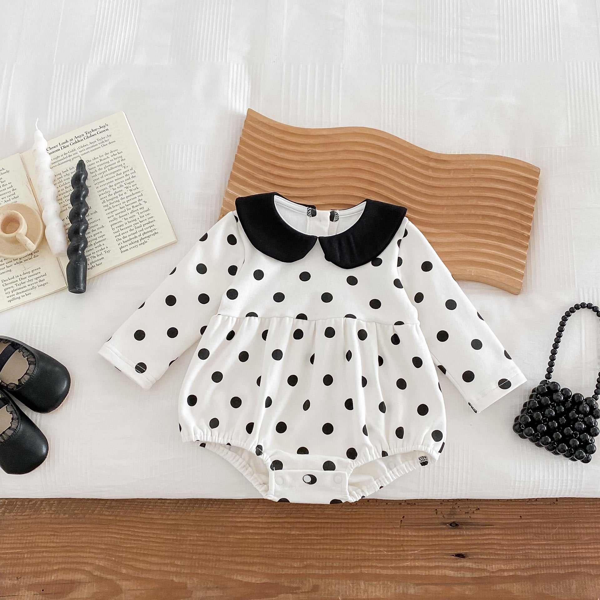 Spring New Arrival Baby Long Sleeves Black Polka Dots Onesie For Girls