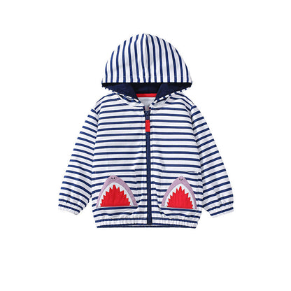 Arrival Baby Kids Girls Shark Pattern Pocketed Zip-up Striped Hoodie