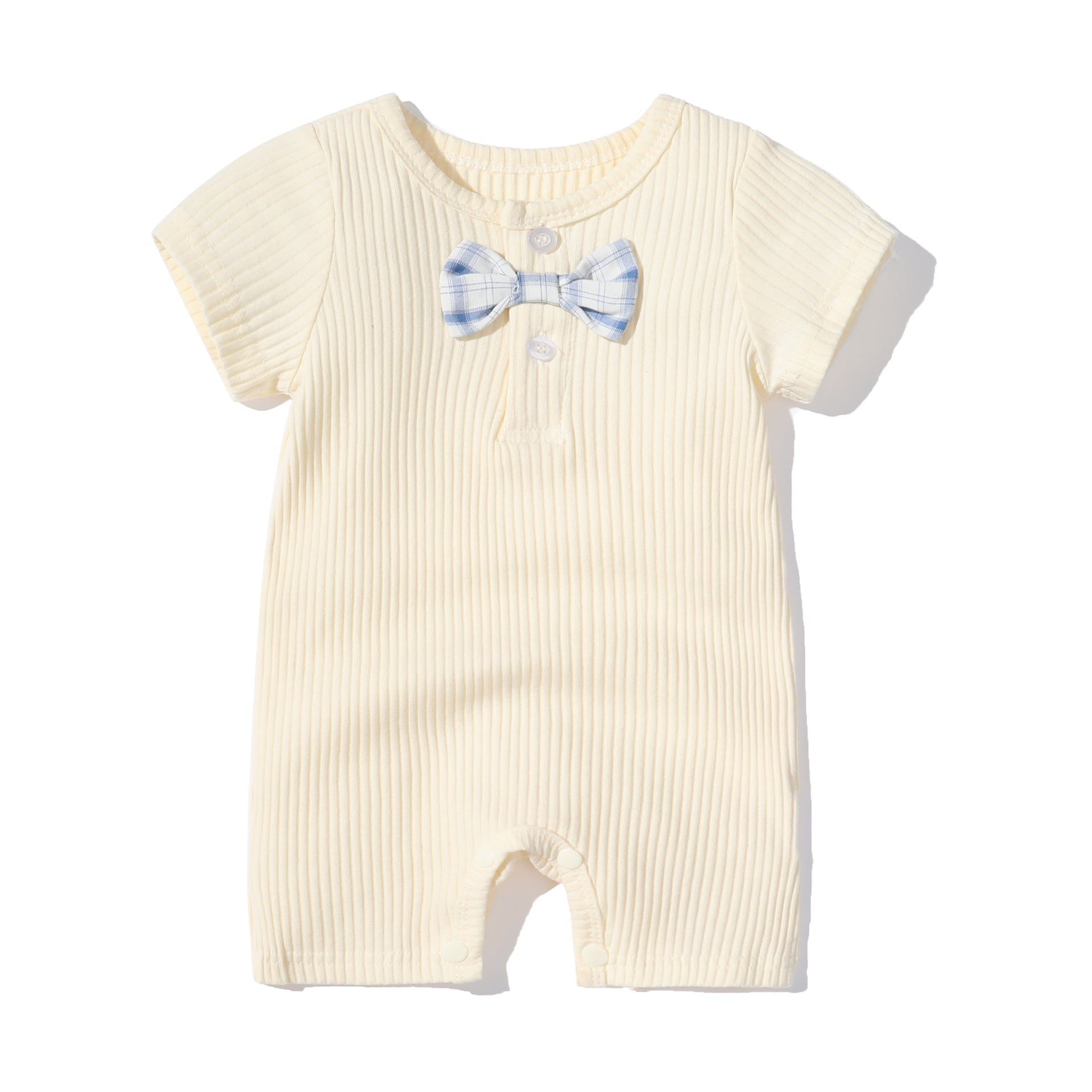 Baby Boy And Girl Solid Color Bow Tie Decoration Short Sleeve Neck-Buttoned Romper-5