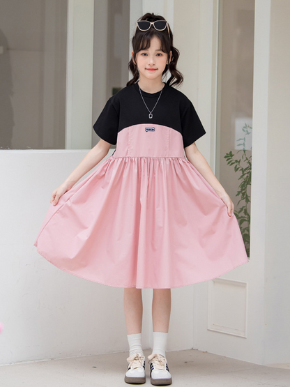 New Arrival Summer Kids Girls Fashion Color Patchwork Cotton Short Sleeves Dress-4