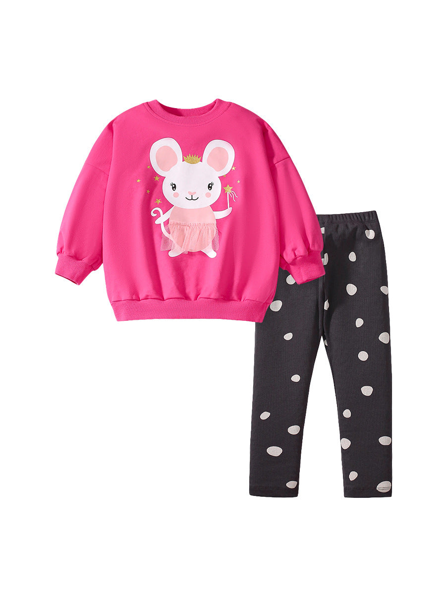 Spring And Autumn Girls Cartoon Princess Mouse Pattern Long Sleeves Crew Neck Top Sweatshirt And Polka Dots Pants Clothing Set-0