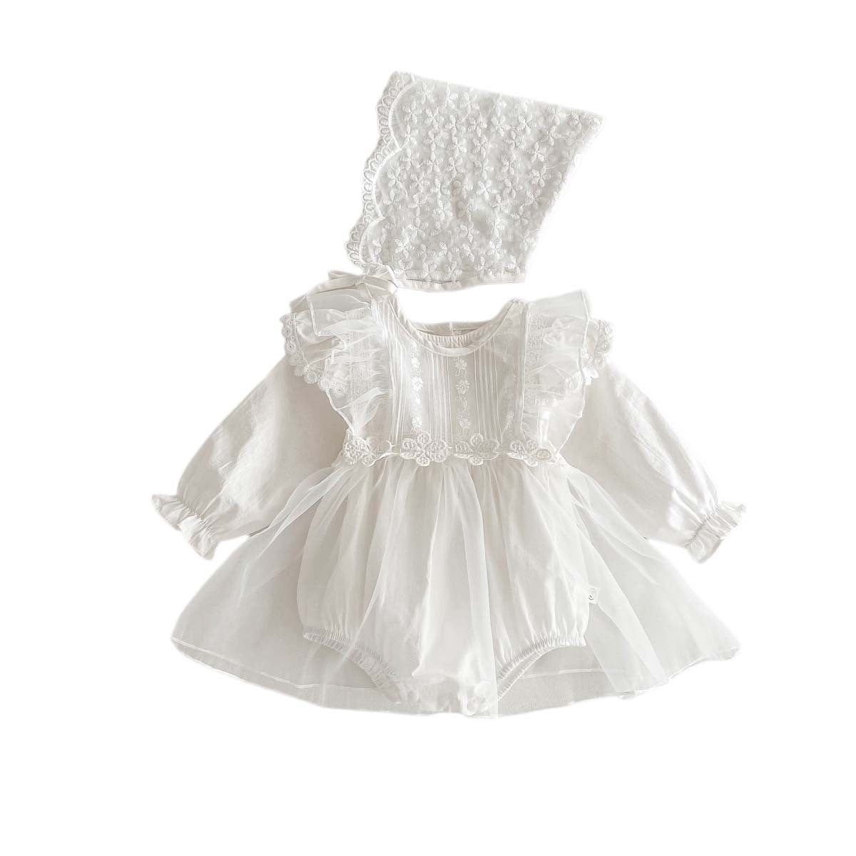 Spring Baby White Embroidery Lace Mesh Princess Onesie Dress For Girls