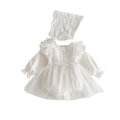 Spring Baby White Embroidery Lace Mesh Princess Onesie Dress For Girls