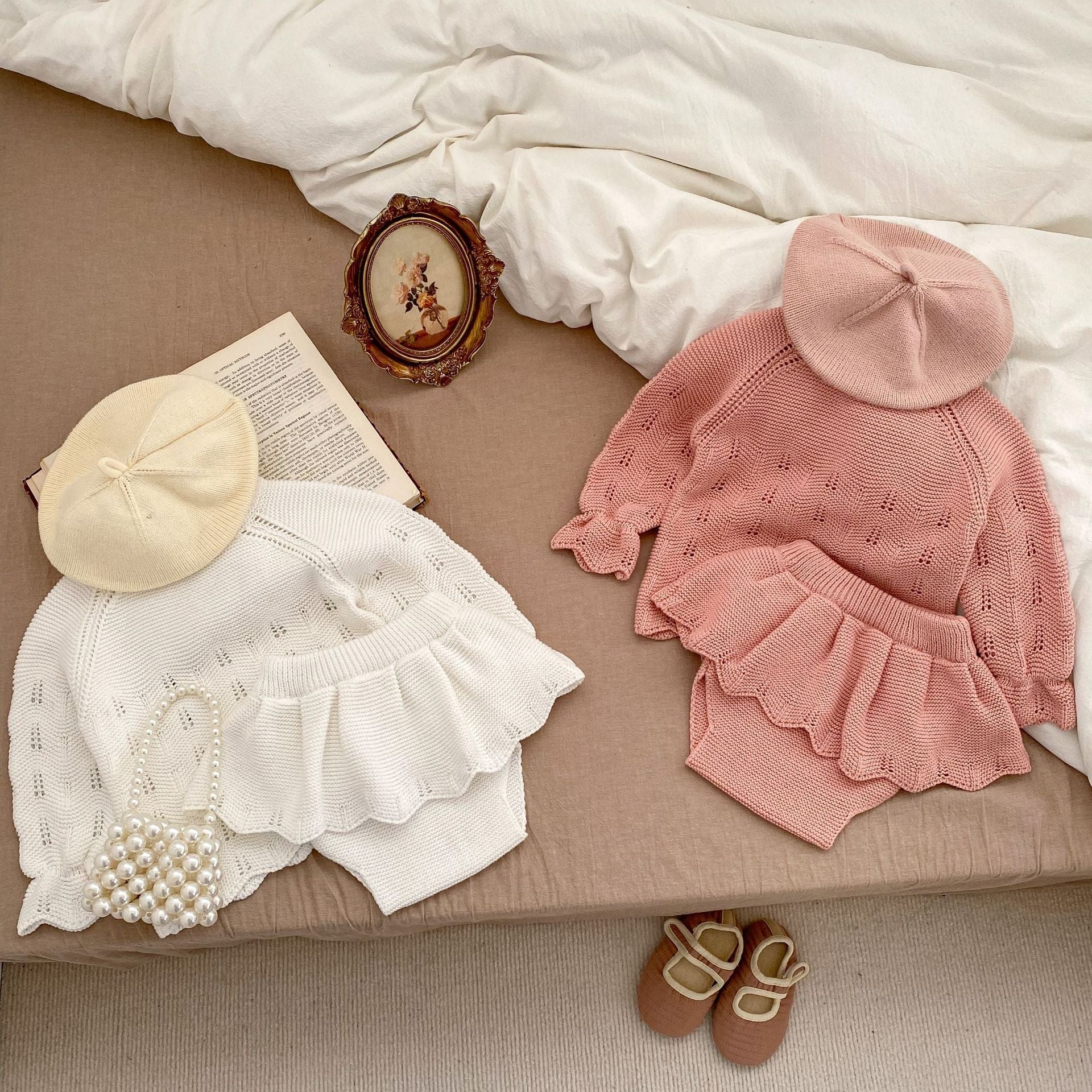 Autumn Hollow Carved Design Solid Color Knitted Sets