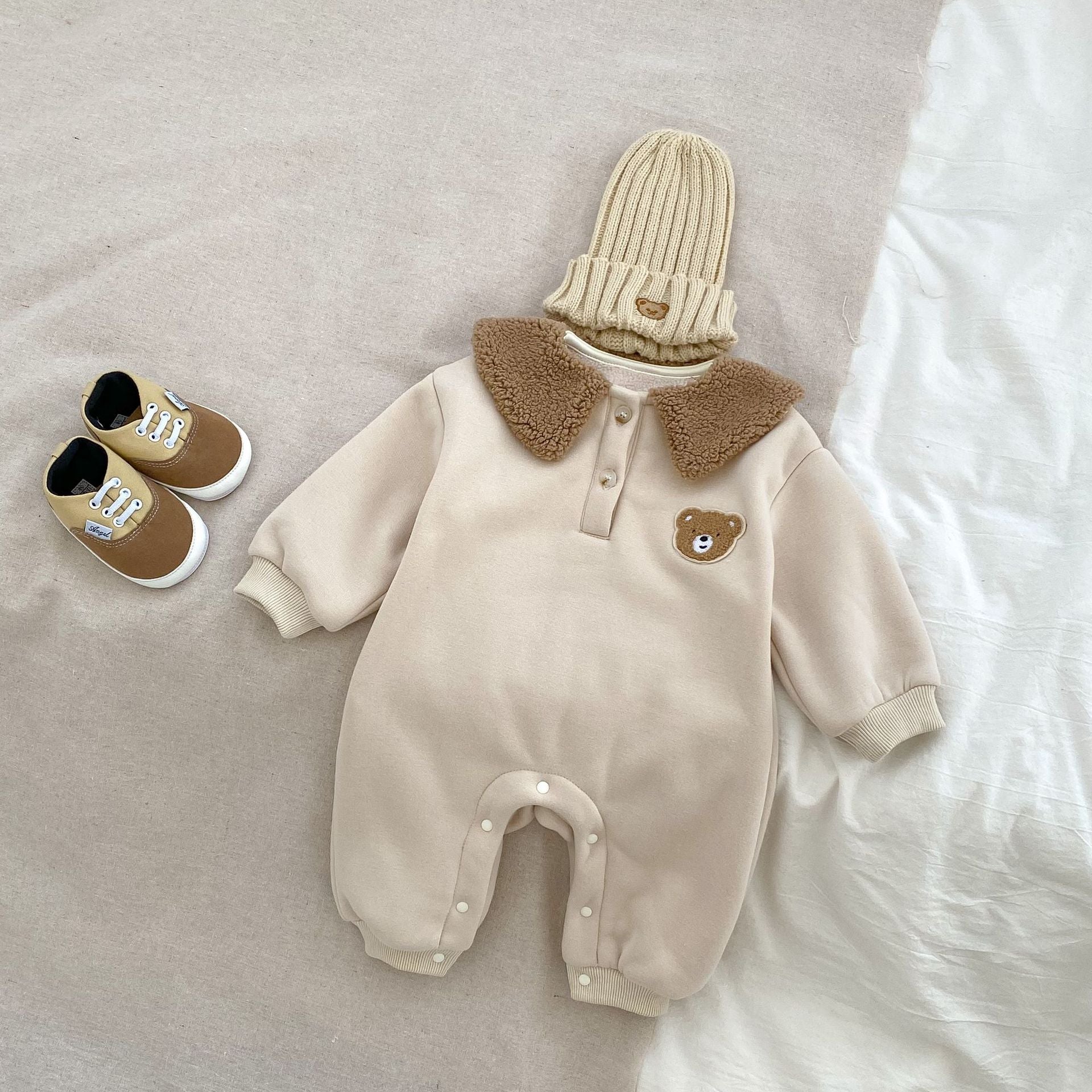 New Winter Baby Unisex Bear Head Design Thicken Long Sleeve Romper