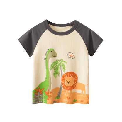Boys’ Dinosaur And Lion Cartoon Print T-Shirt In European And American Style-0