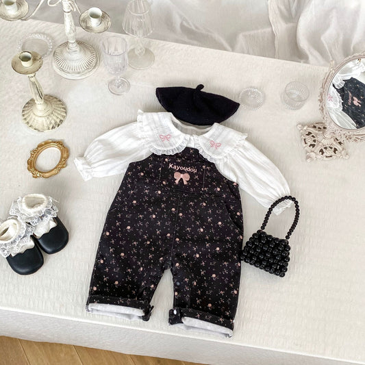 Arrival Spring Girls Long Sleeves Striped Embroidery Top Shirt and Sleeveless Floral Overalls Set Clothing Set-0