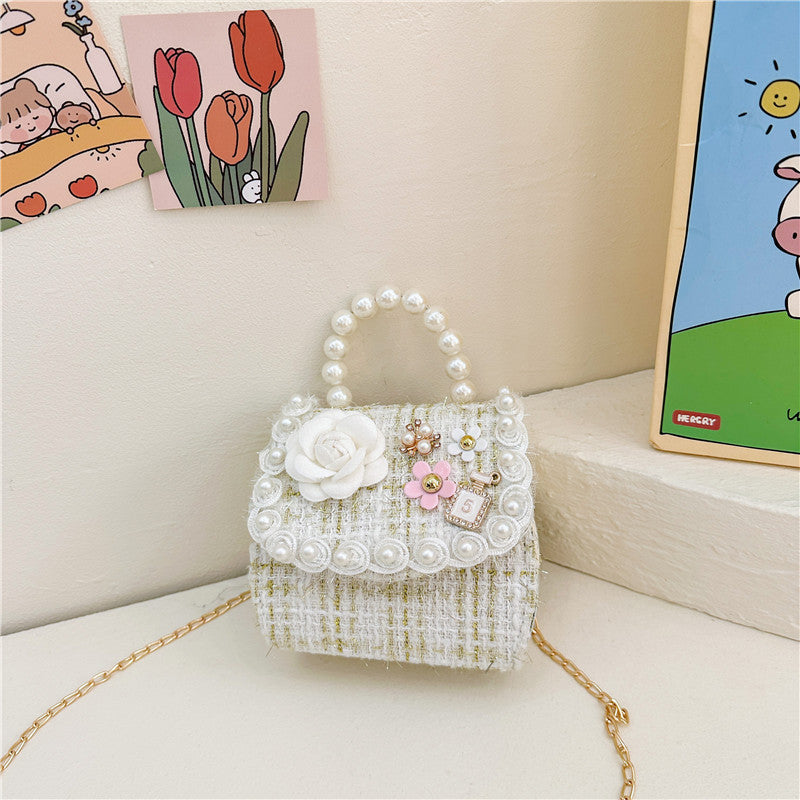 Stylish Plaid Carry-On Girls’ Portable 3D Flower Beaded Crossbody Handbag