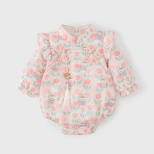 Autumn New Arrival Baby Girls Flowers and Rabbits Pattern Long Sleeves Onesies with Stand Collar-0