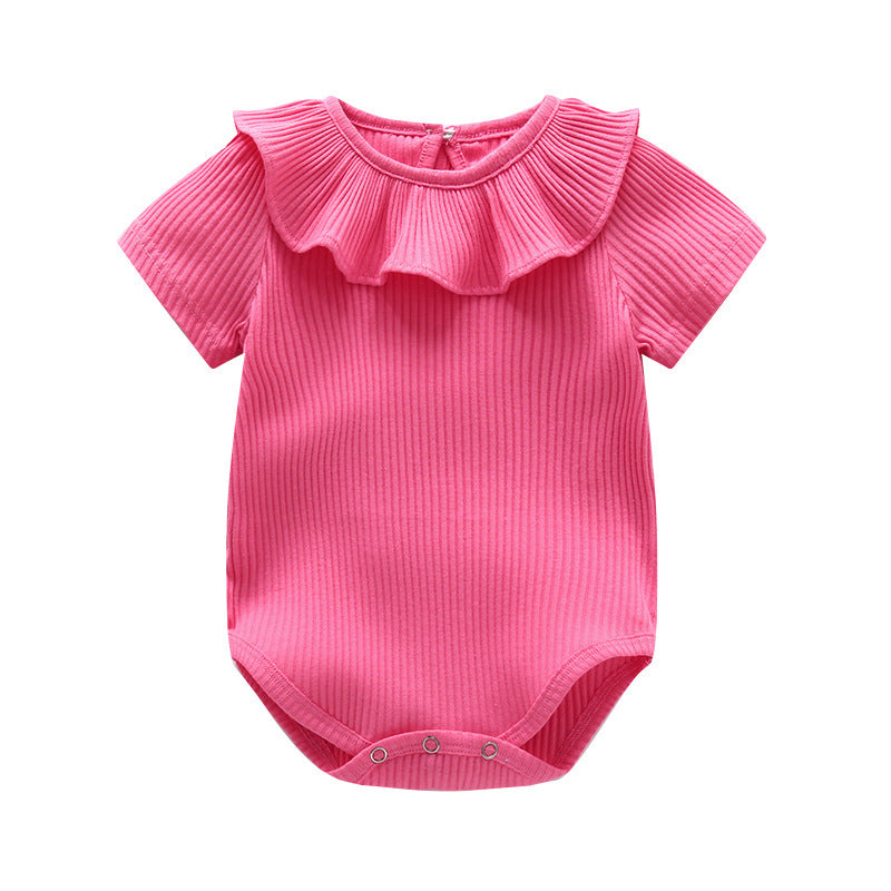 Baby Girl Solid Color Ruffle Design Short Sleeve O-Neck Onesies