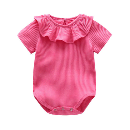 Baby Girl Solid Color Ruffle Design Short Sleeve O-Neck Onesies
