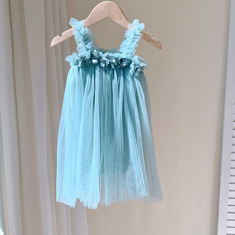 Summer Baby Kids Girls Sleeveless 3D Flowers Mesh Strap Dress-5