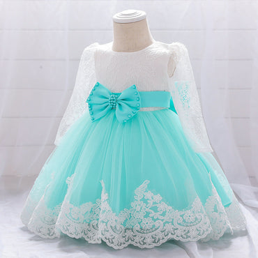 Baby Girl Bow Patched Design Long Sleeves Full Moon Christening Mesh Formal Dress-10