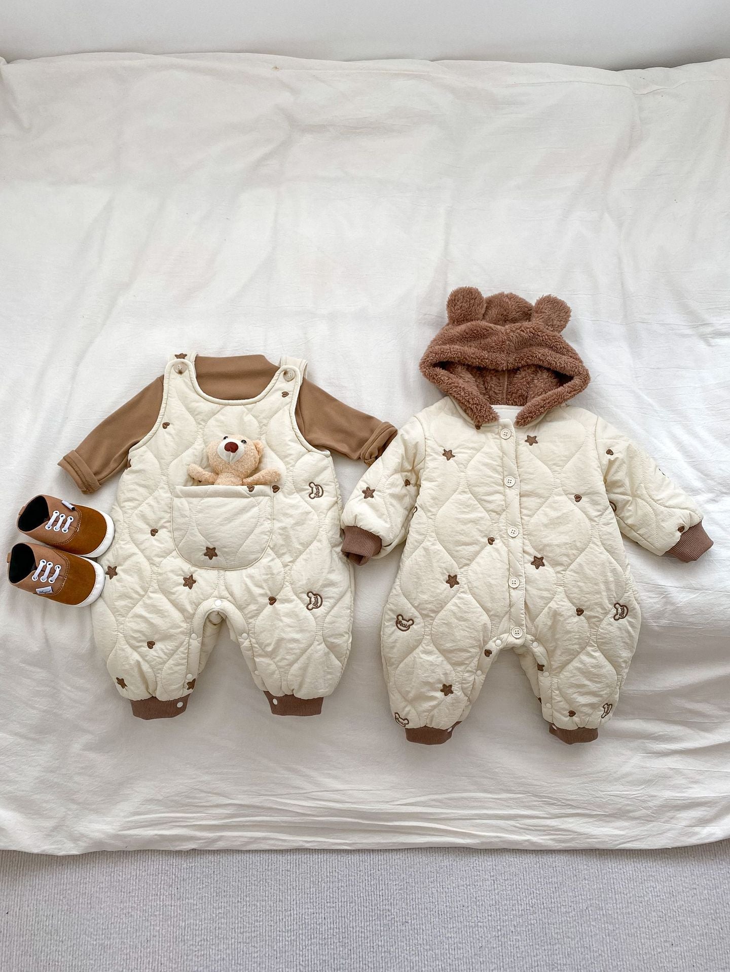 Infant Baby Star Embroidery Thicken Long Sleeve Jumpsuit In Winter