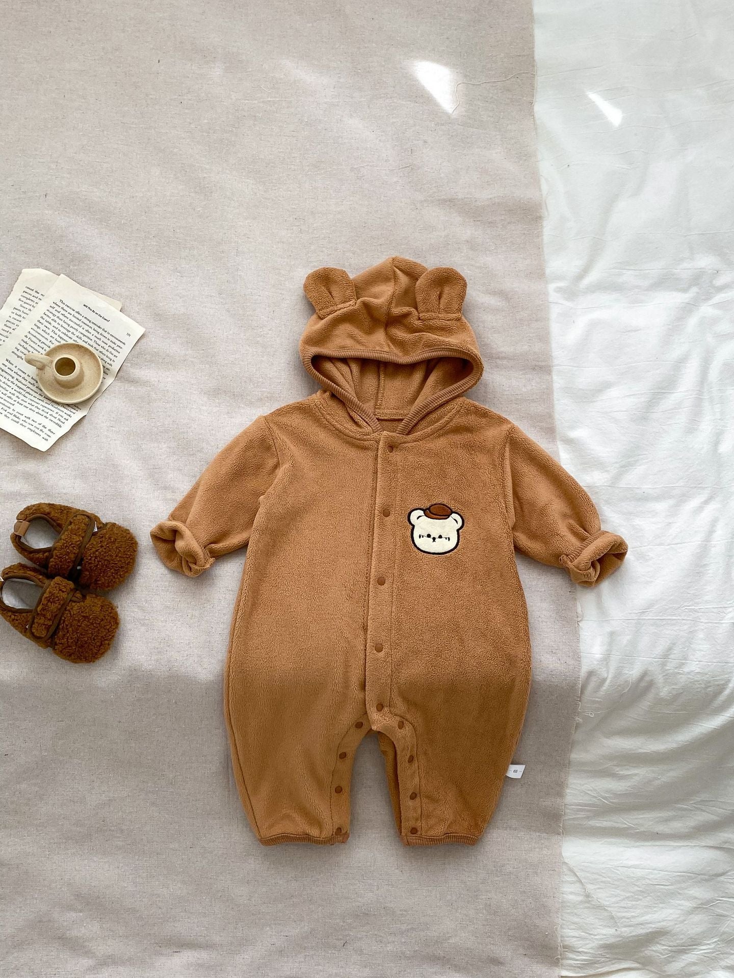 Baby Unisex Cute Little Bear Head Design Long Sleeve Romper With Hat In Winter