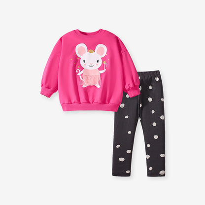 Spring And Autumn Girls Cartoon Princess Mouse Pattern Long Sleeves Crew Neck Top Sweatshirt And Polka Dots Pants Clothing Set-1