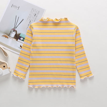Striped Pattern Wooden Ear Edge Design Round Neck Long Sleeve Bottoming Spring Autumn Shirt-5