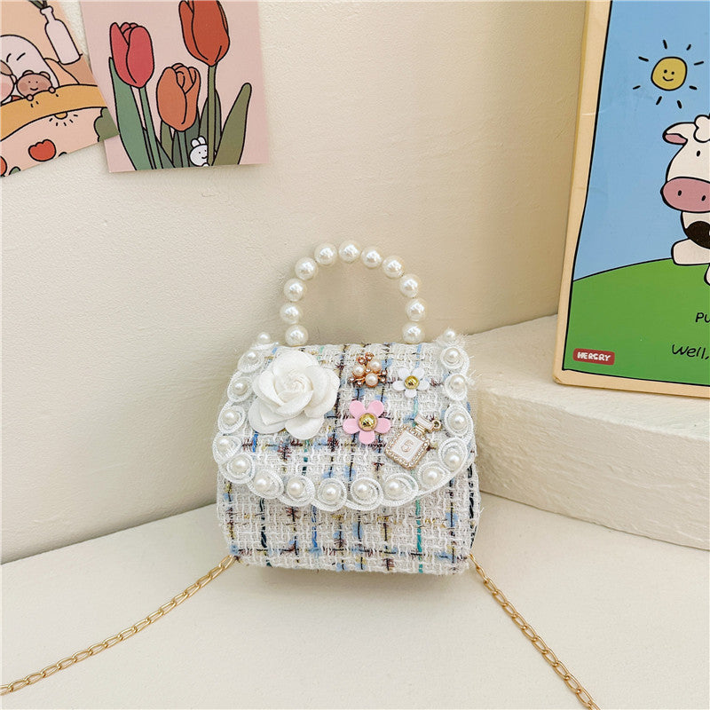 Stylish Plaid Carry-On Girls’ Portable 3D Flower Beaded Crossbody Handbag