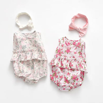 Baby Girl Floral Print Graphic Ruffle Design Sleeveless Onesies & Headband-0