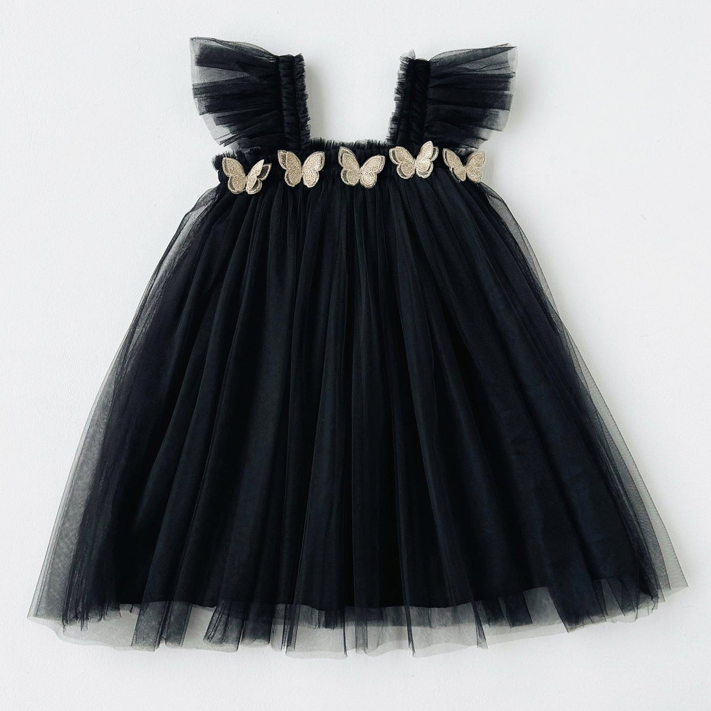Summer Baby Kids Girls Sleeveless Plain 3D Butterfly Mesh Design Off Shoulder Strap Dress