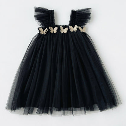 Summer Baby Kids Girls Sleeveless Plain 3D Butterfly Mesh Design Off Shoulder Strap Dress
