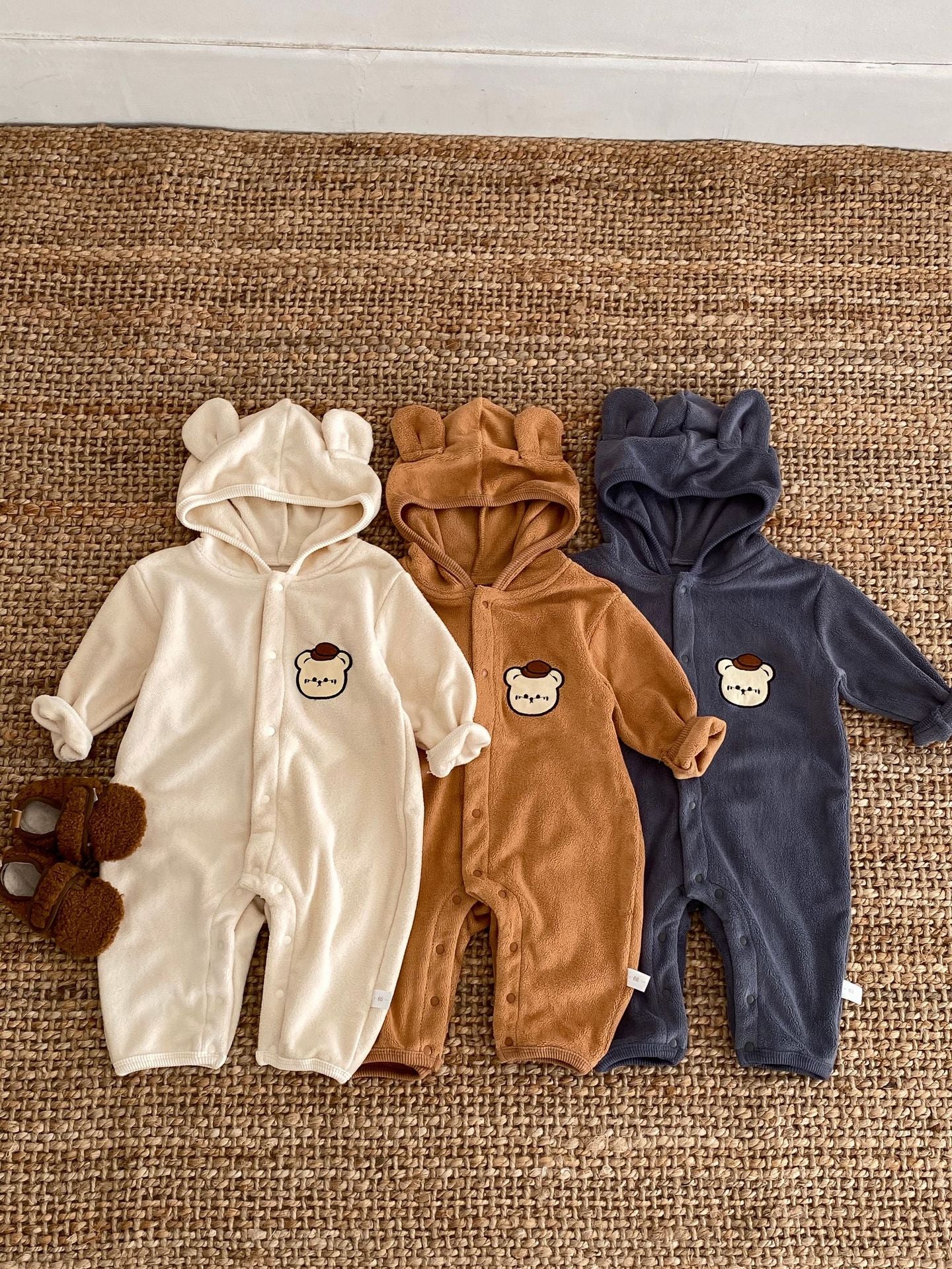 Baby Unisex Cute Little Bear Head Design Long Sleeve Romper With Hat In Winter
