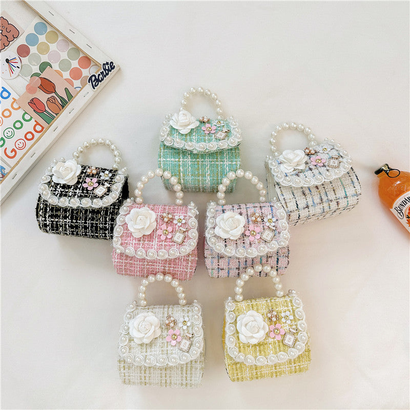 Stylish Plaid Carry-On Girls’ Portable 3D Flower Beaded Crossbody Handbag