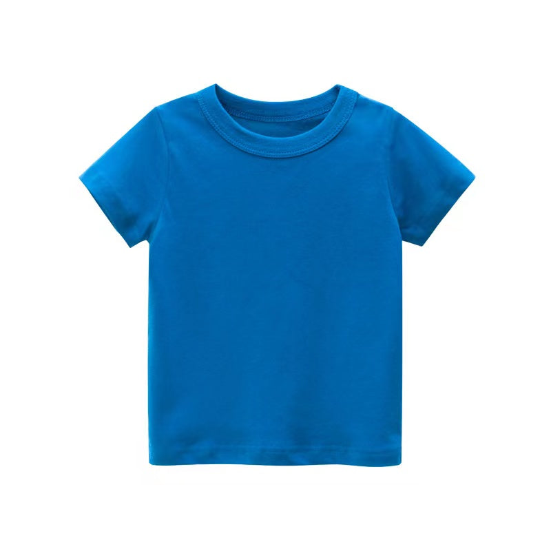 Baby Kids No Pattern Solid Color Short-Sleeved Tops In Summer Outfit Wearing-5