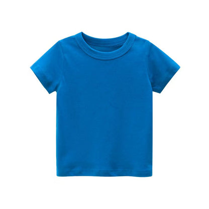 Baby Kids No Pattern Solid Color Short-Sleeved Tops In Summer Outfit Wearing-5