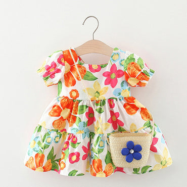 Baby Floral Pattern Short Sleeve Crewneck Dress with Purse-1