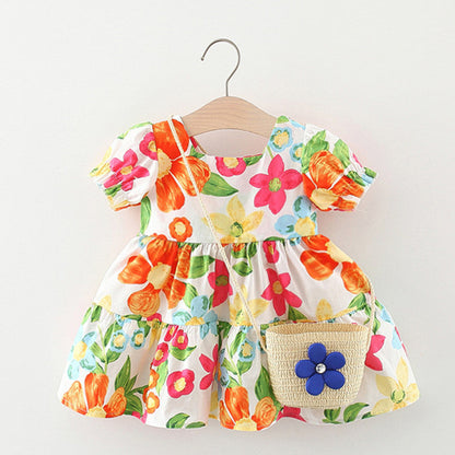 Baby Floral Pattern Short Sleeve Crewneck Dress with Purse-1