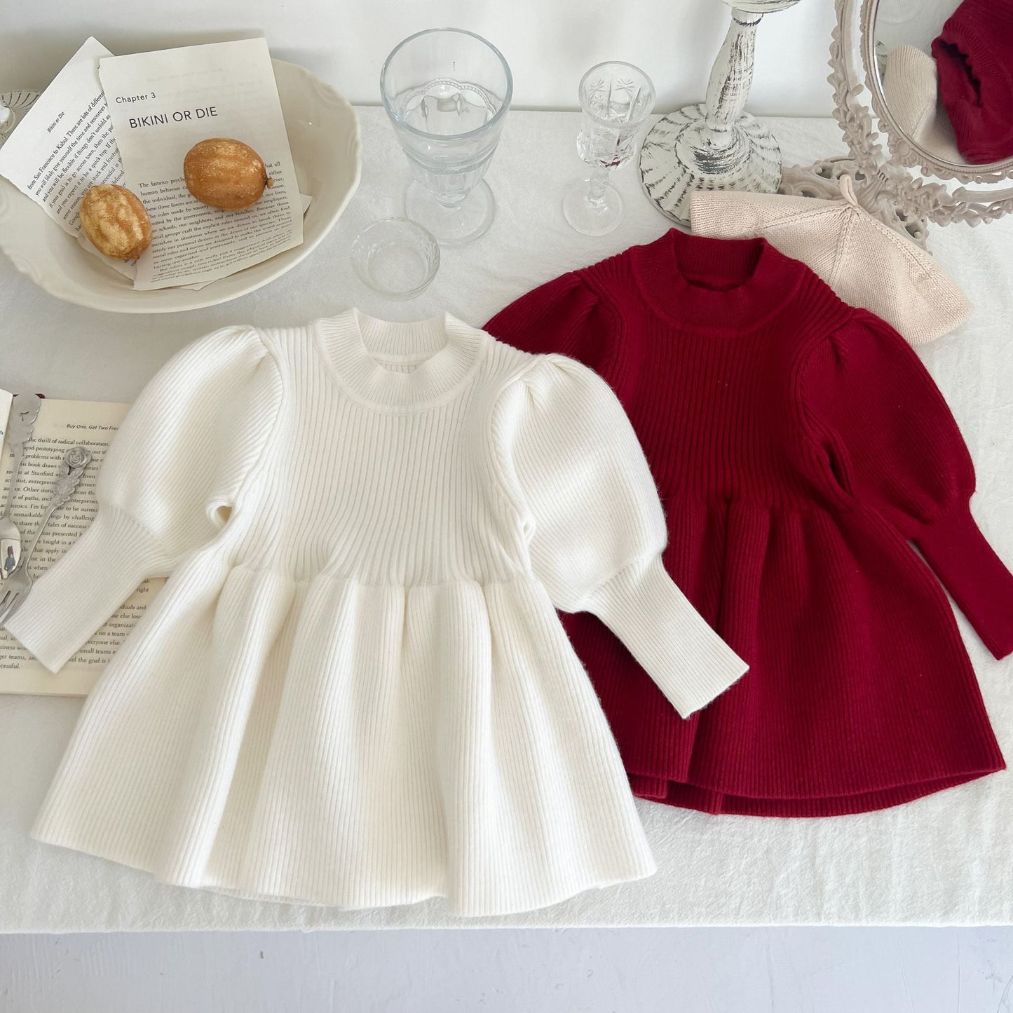 Baby Girl Solid Lantern-Sleeved Knitting Dress In Autumn