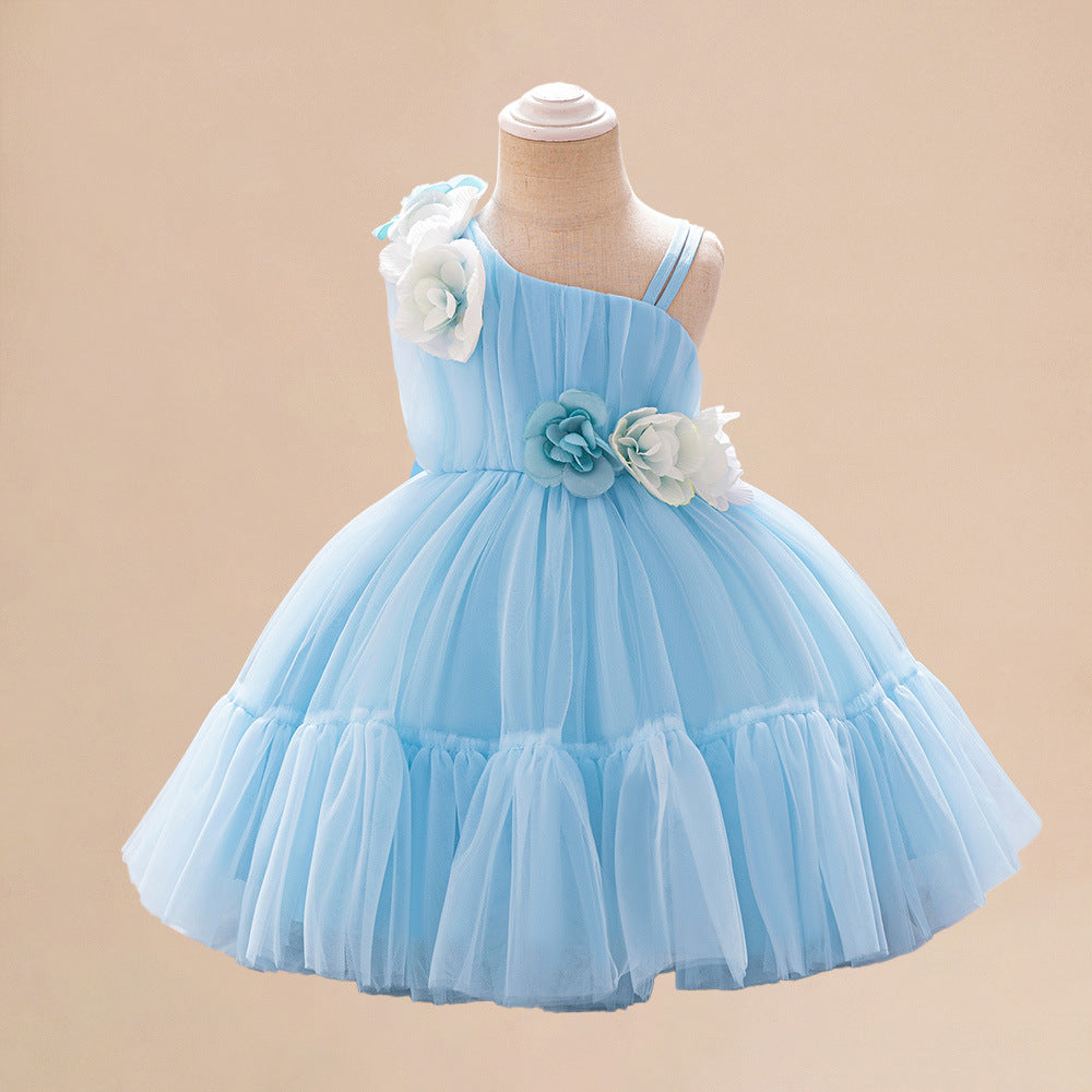 Summer Baby Kids Girls Princess Sleeveless 3D Flowers Birthday Tulle Dress