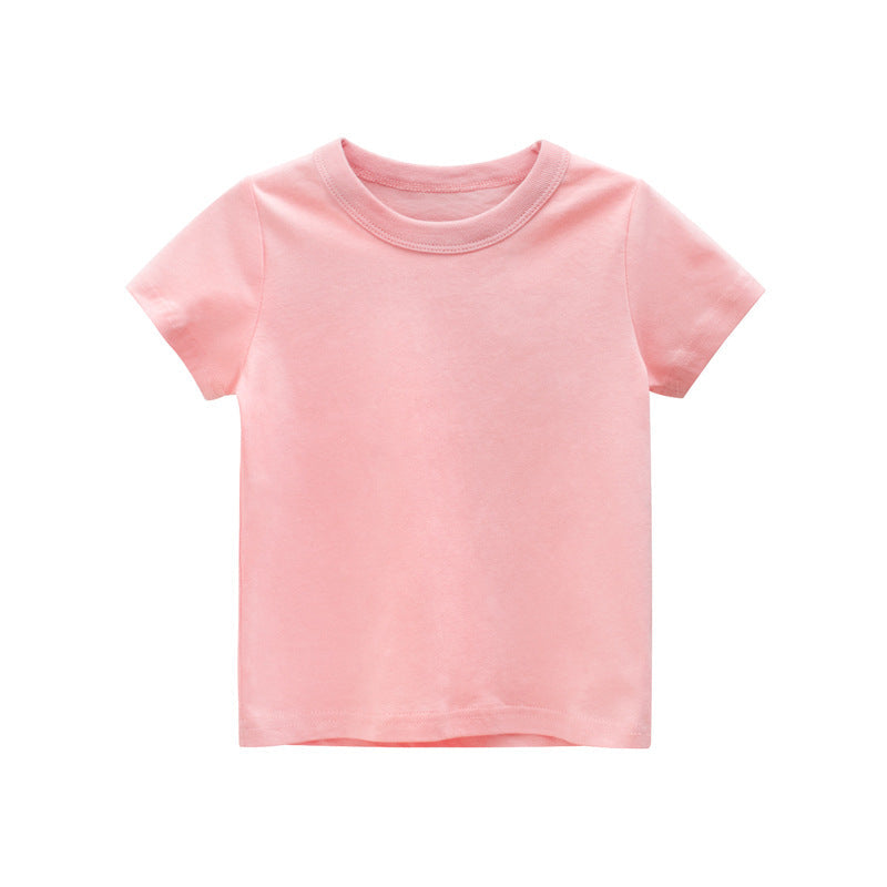 Baby Kids No Pattern Solid Color Short-Sleeved Tops In Summer Outfit Wearing-8